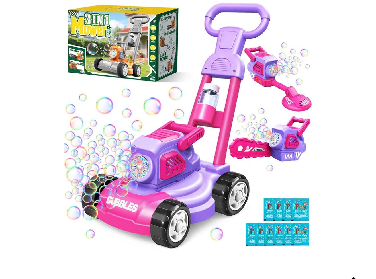 Bubble Lawn Mower for Kids Ages 3-8, 3-in-1 Bubble Machine with 10 Bubble