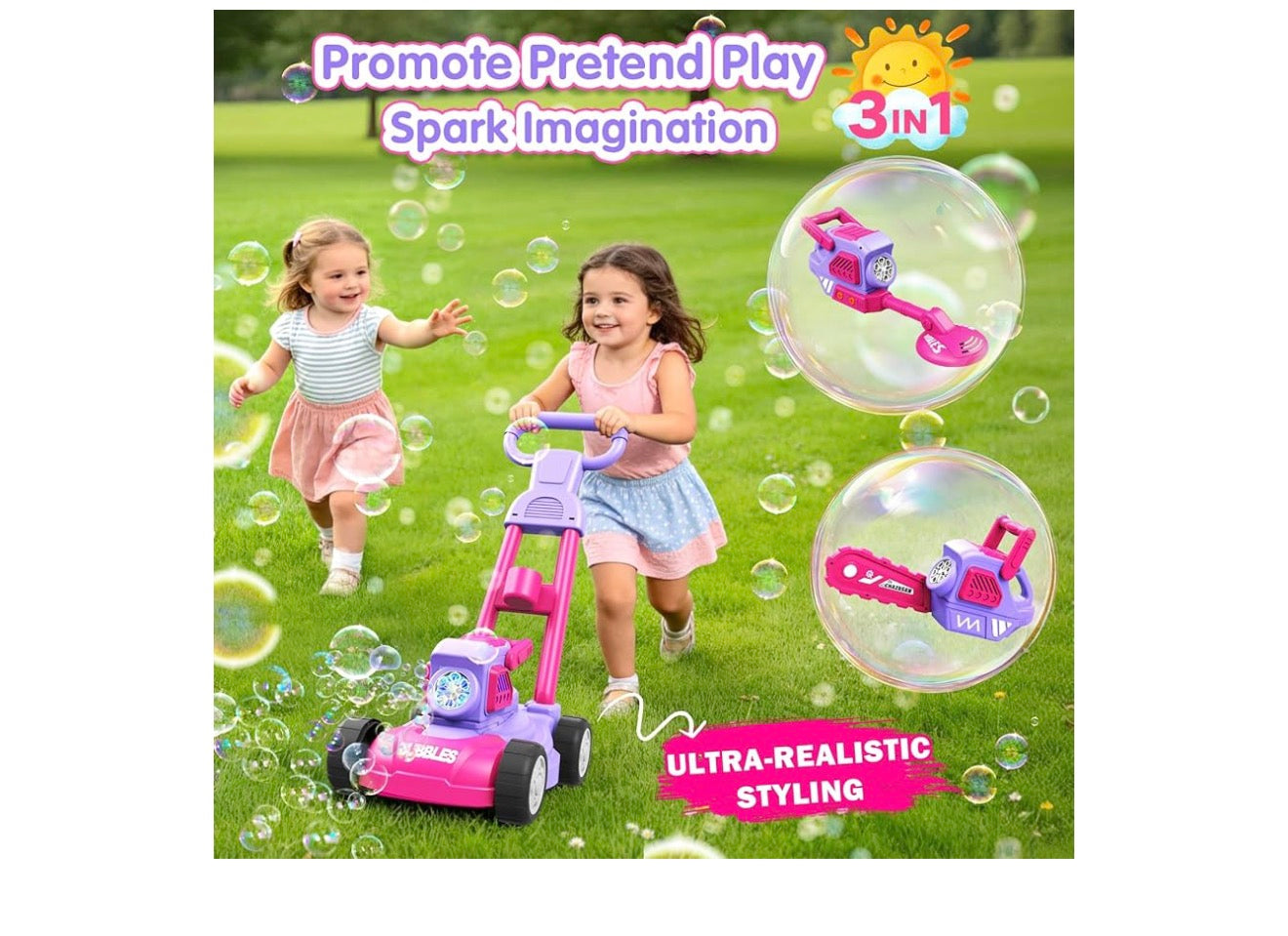Bubble Lawn Mower for Kids Ages 3-8, 3-in-1 Bubble Machine with 10 Bubble